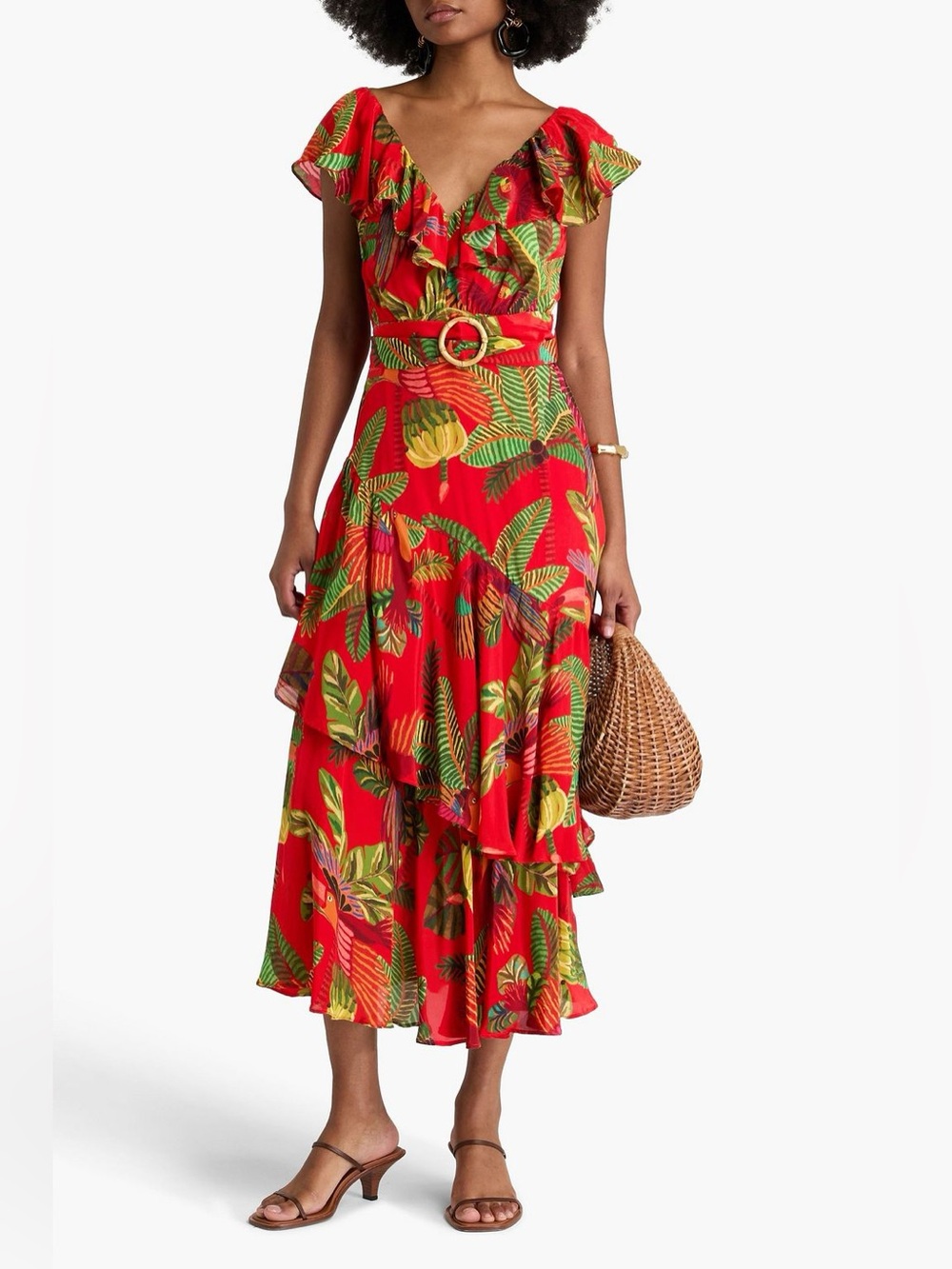 FARM RIO Belted ruffled printed crepe midi dress
